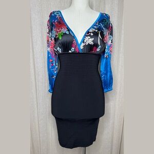 Vintage Bebe Silk Bodycon Mini Dress Womens Small Blue Floral Vneck Plunge Y2K